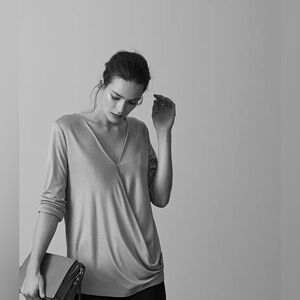 REISS Rox Faux-Wrap Top Black Long Sleeve V Neck Blouse size XS